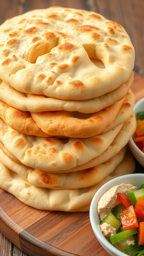 Easy No-Yeast Pita Bread Recipe Freshly baked pita bread stacked on a wooden board with hummus and vegetables.